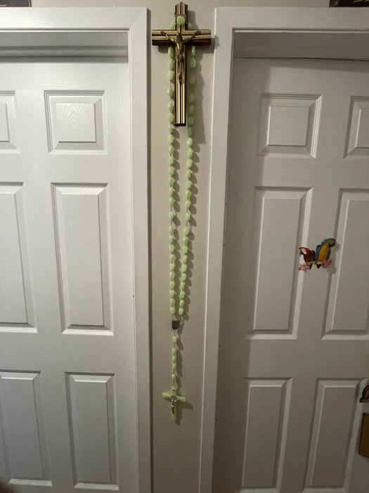 Fluorescent green rosary cross necklace wall or door hanging grow in dark