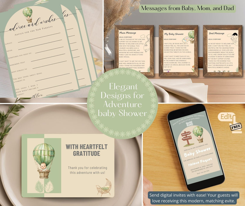 Adventure Baby Shower Complete Package |Invitations, Thank You Cards, Diaper Raffle, Cupcake Toppers & More,Beige and Sage Green Baby Shower - FORHERA DESIGN - DigitalPrint