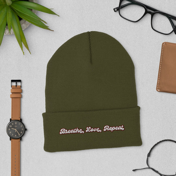 Breathe, Love, and Repeat Hat Mindful Embroidered Cap| Self - Care Hat, Inspiring Gift for All, Positive Vibes Accessory, New Winter Hat Style - FORHERA DESIGN - Beanies