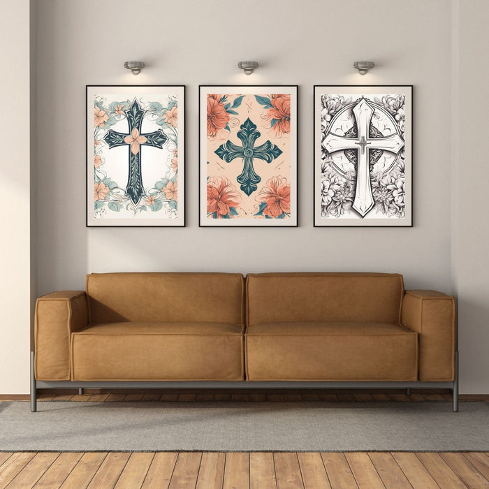 Elegant Cross Wall Art Set of 3 | Minimalist Christian Decor | Printable Art | Modern Faith Decor | Digital Download - FORHERA DESIGN - Christian_Wallart