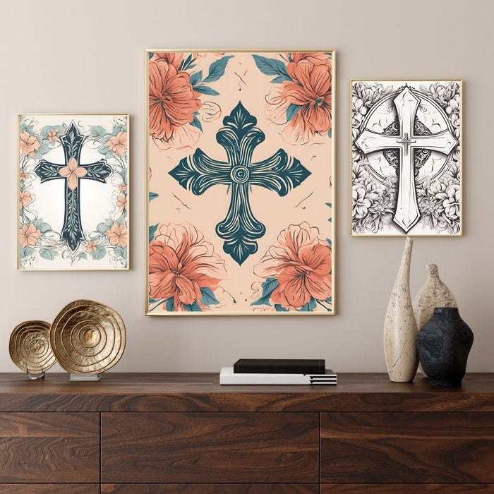 Elegant Cross Wall Art Set of 3 | Minimalist Christian Decor | Printable Art | Modern Faith Decor | Digital Download - FORHERA DESIGN - Christian_Wallart