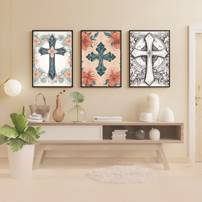 Elegant Cross Wall Art Set of 3 | Minimalist Christian Decor | Printable Art | Modern Faith Decor | Digital Download - FORHERA DESIGN - Christian_Wallart