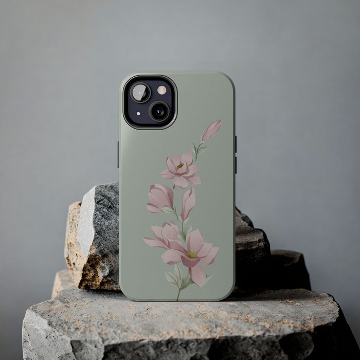 Elegant Pink Magnolia Tough Phone Case | White & Sage Green Background | Floral Protective Case for iPhone & Samsung - FORHERA DESIGN - Phone Case