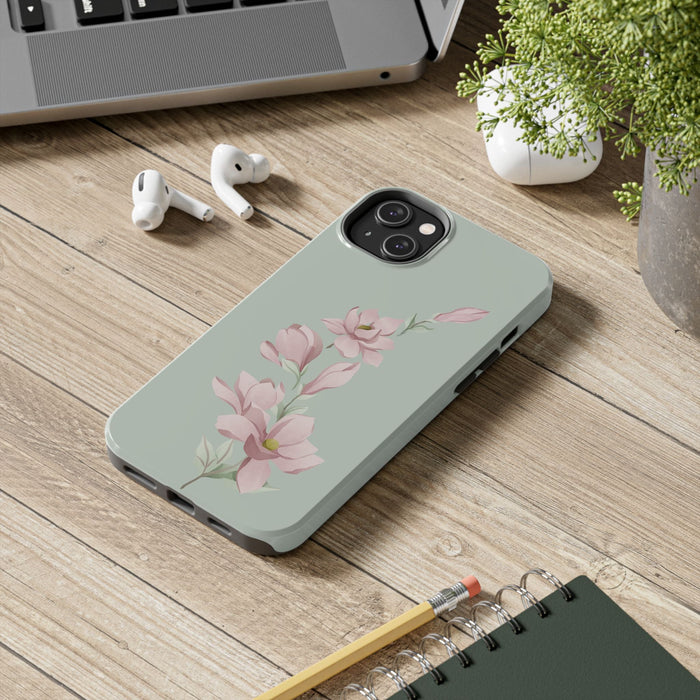 Elegant Pink Magnolia Tough Phone Case | White & Sage Green Background | Floral Protective Case for iPhone & Samsung - FORHERA DESIGN - Phone Case