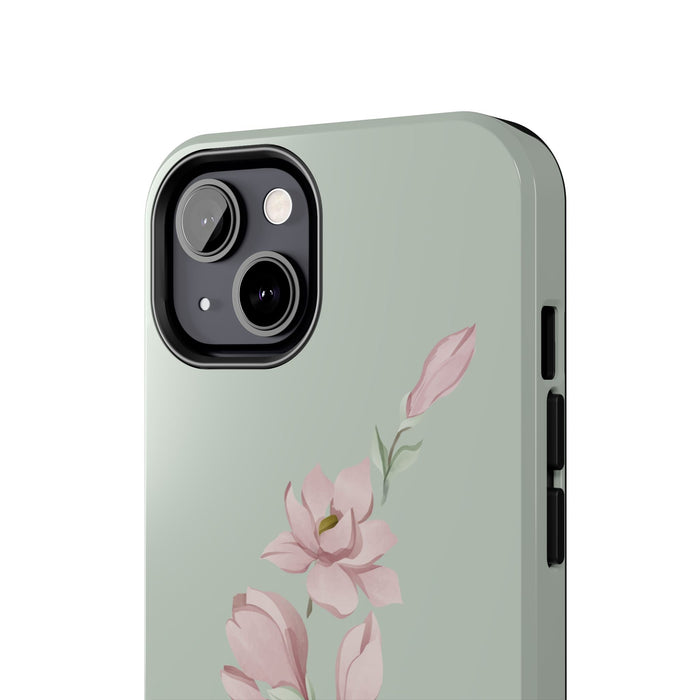 Elegant Pink Magnolia Tough Phone Case | White & Sage Green Background | Floral Protective Case for iPhone & Samsung - FORHERA DESIGN - Phone Case