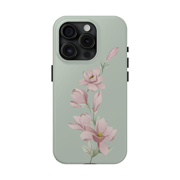 Elegant Pink Magnolia Tough Phone Case | White & Sage Green Background | Floral Protective Case for iPhone & Samsung - FORHERA DESIGN - Phone Case