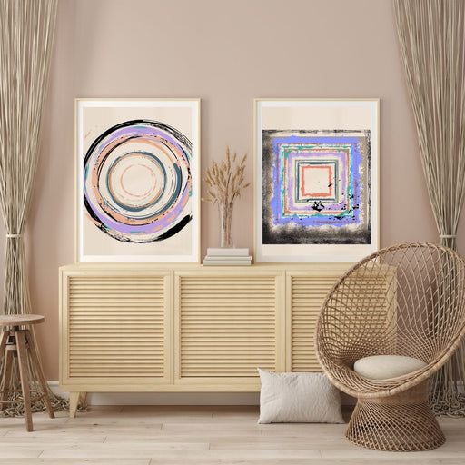 Fading Circle and Square Wall Art Set of 2, Geometric Abstract Prints, Minimalist Home Decor, Neutral Color Wall Art, Modern Boho Art - FORHERA DESIGN - Art_Boho
