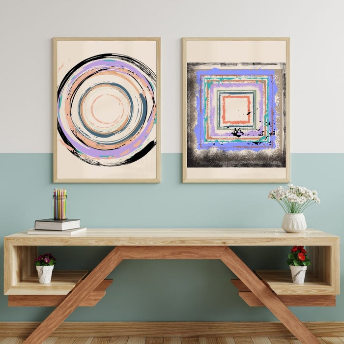 Fading Circle and Square Wall Art Set of 2, Geometric Abstract Prints, Minimalist Home Decor, Neutral Color Wall Art, Modern Boho Art - FORHERA DESIGN - Art_Boho