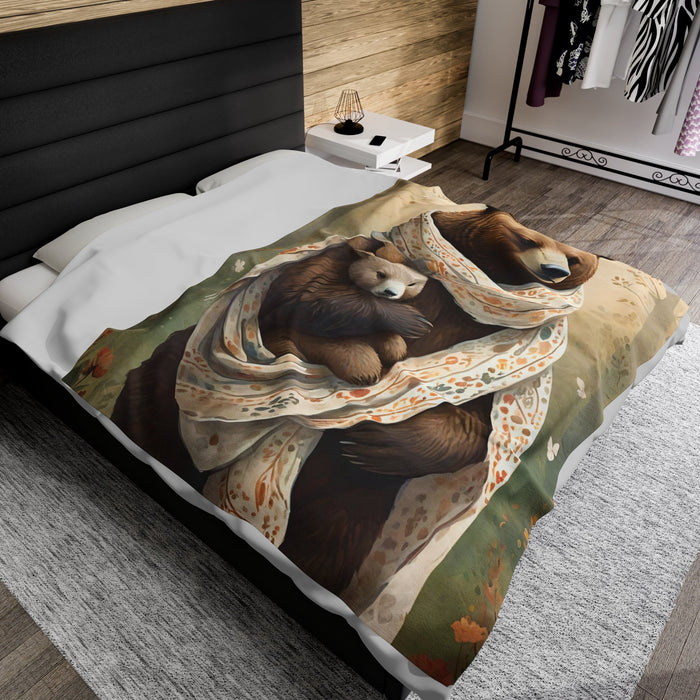 Gentle bear hugging a smaller bear Warmth Luxury Velveteen Plush Blanket - FORHERA DESIGN - All Over Prints