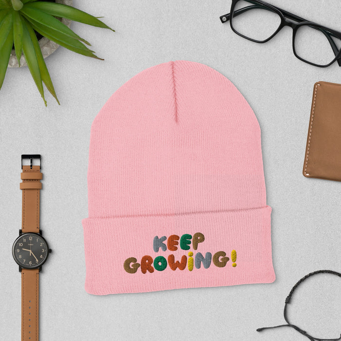 Keep Growing Hat - Inspirational Embroidered Cap | Motivational Gift for All, Uplifting Reminder for Personal Growth, Embroidered Winter Hat - FORHERA DESIGN - Beanies