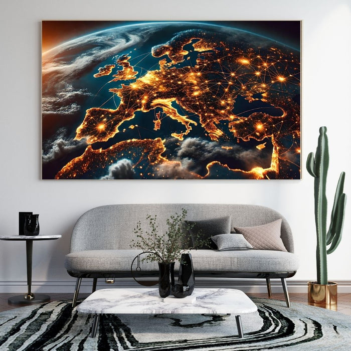 Nighttime Aerial View of Europe Wall Art | Digital Download or Premium Print | City Lights Map Decor for Home or Office - FORHERA DESIGN - Canvas