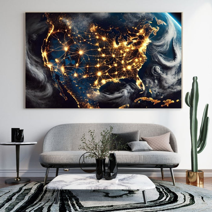 Nighttime Aerial View of USA Wall Art | City Lights Map | Digital Download or Premium Print | Modern Home and Office Decor USA Office Decor - FORHERA DESIGN - Canvas